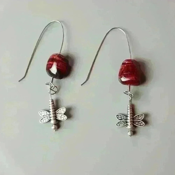 Vintage southwestern gemstone silver tone dragonfly earrings - Picture 3 of 11